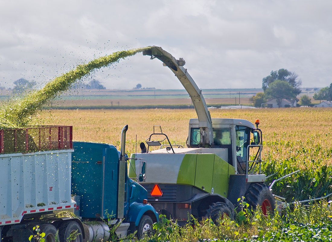 Insurance Solutions - View of a Farmer Sitting in a Tractor Harvesting Corn onto a Truck on a Wheat Field in Texas